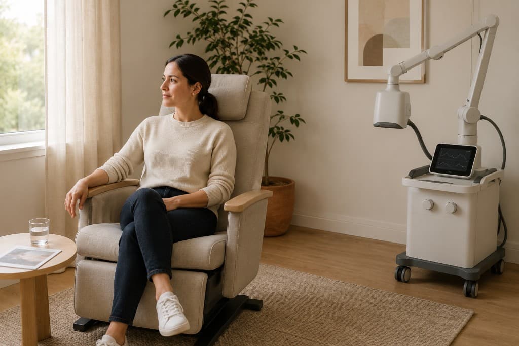 A patient sitting in a recliner in a TMS clinic room, dressed in everyday clothes