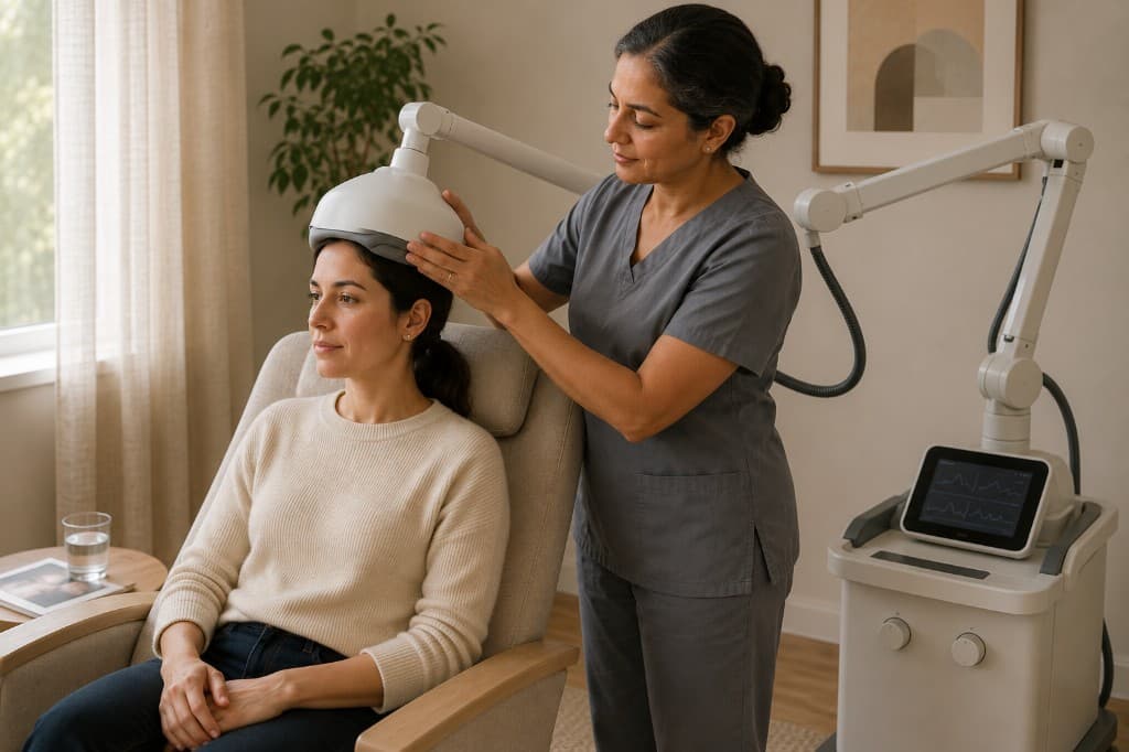 A technician positioning a TMS coil on a patient’s head